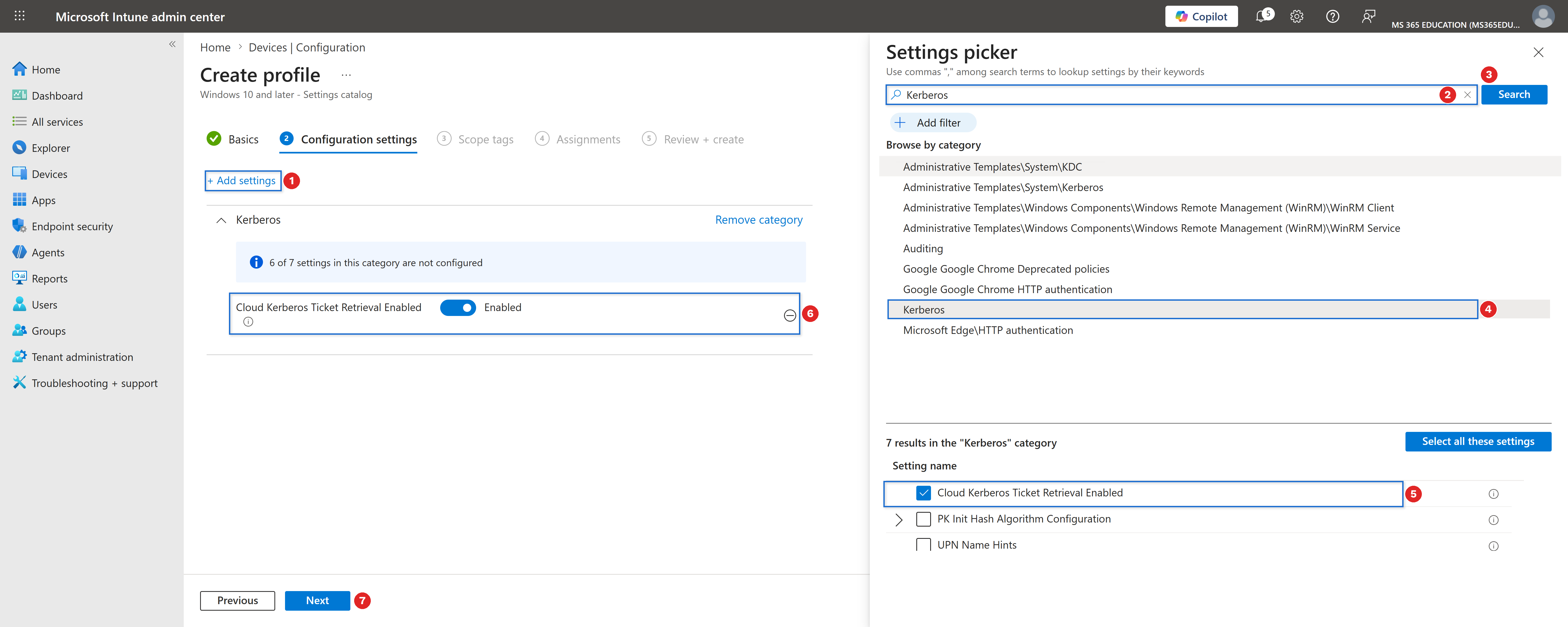 Selecting and enabling the setting with Microsoft Intune