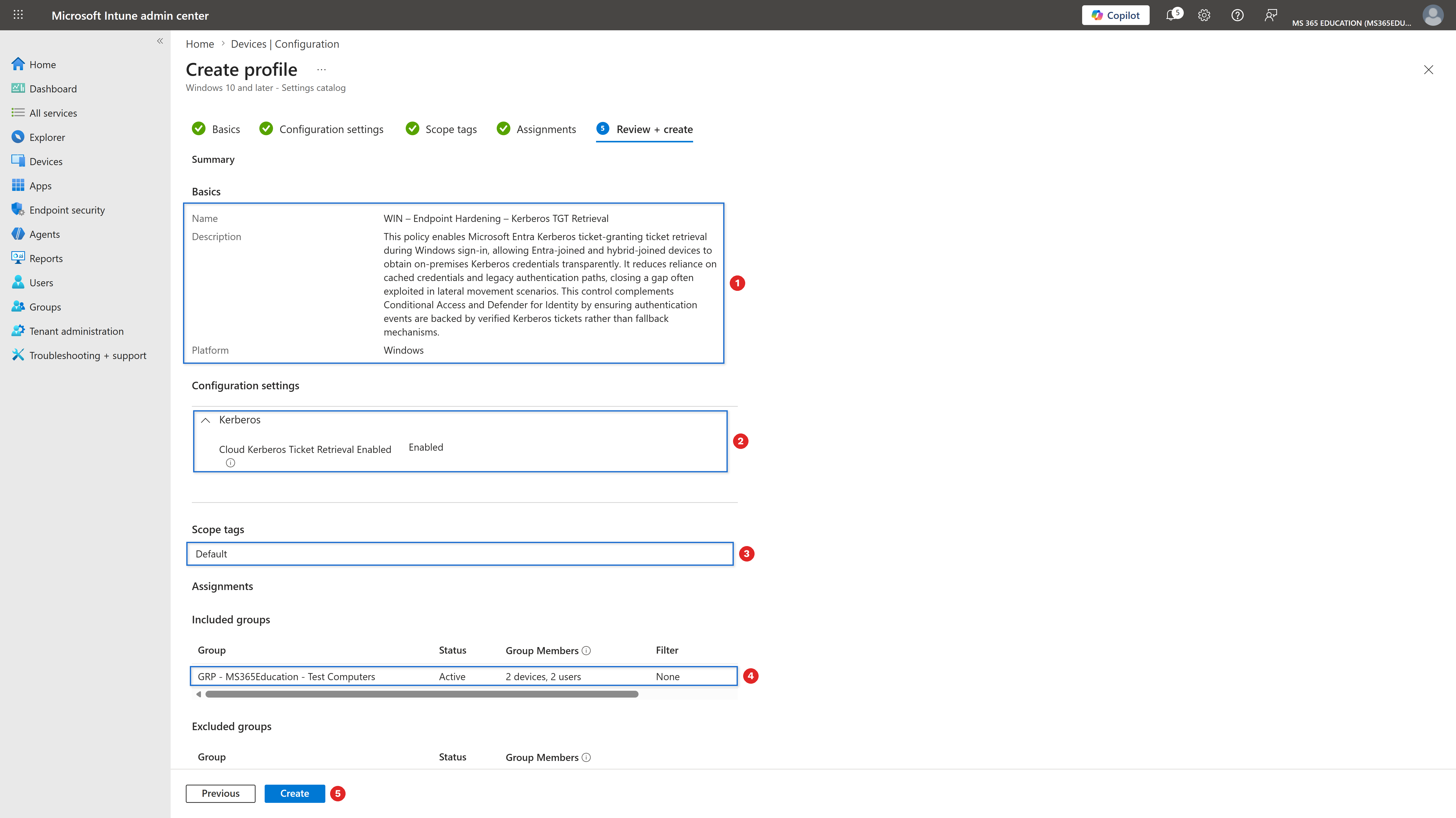 Reviewing and creating the policy with Microsoft Intune
