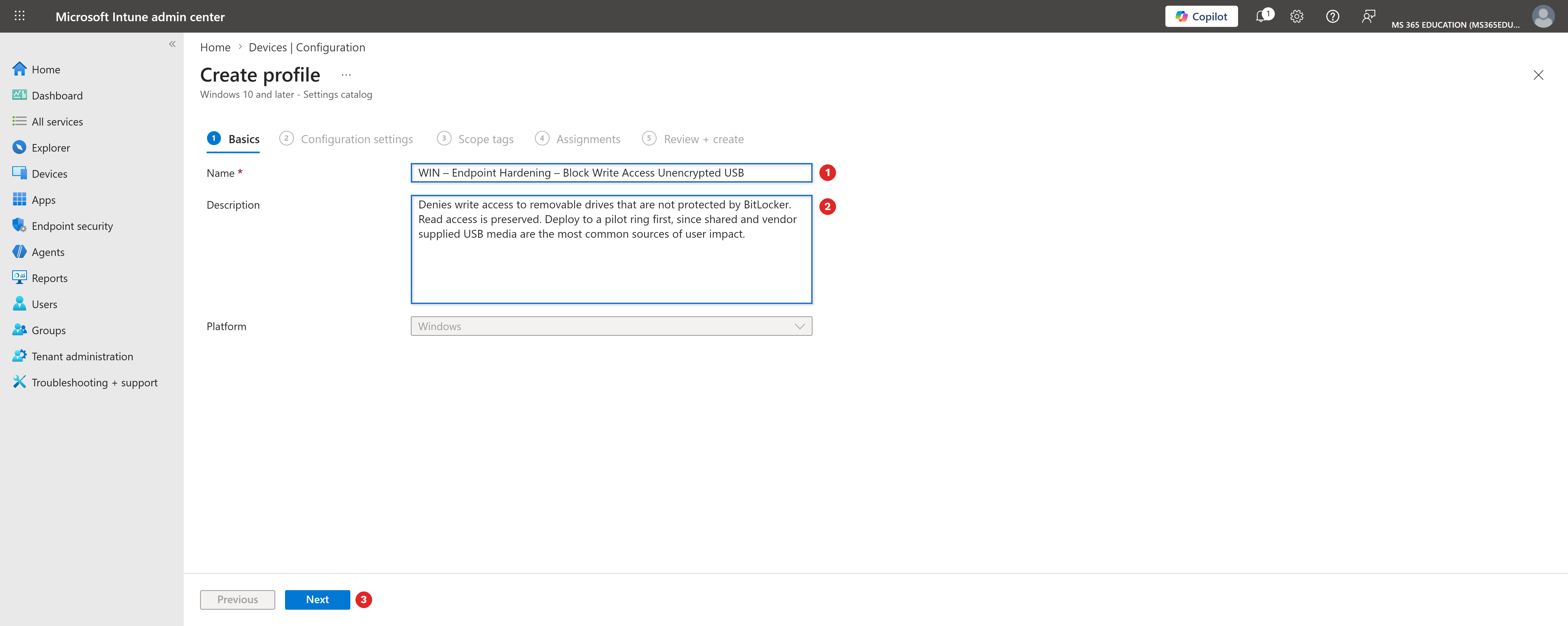 Defining the policy name and description in the Basics tab with Microsoft Intune
