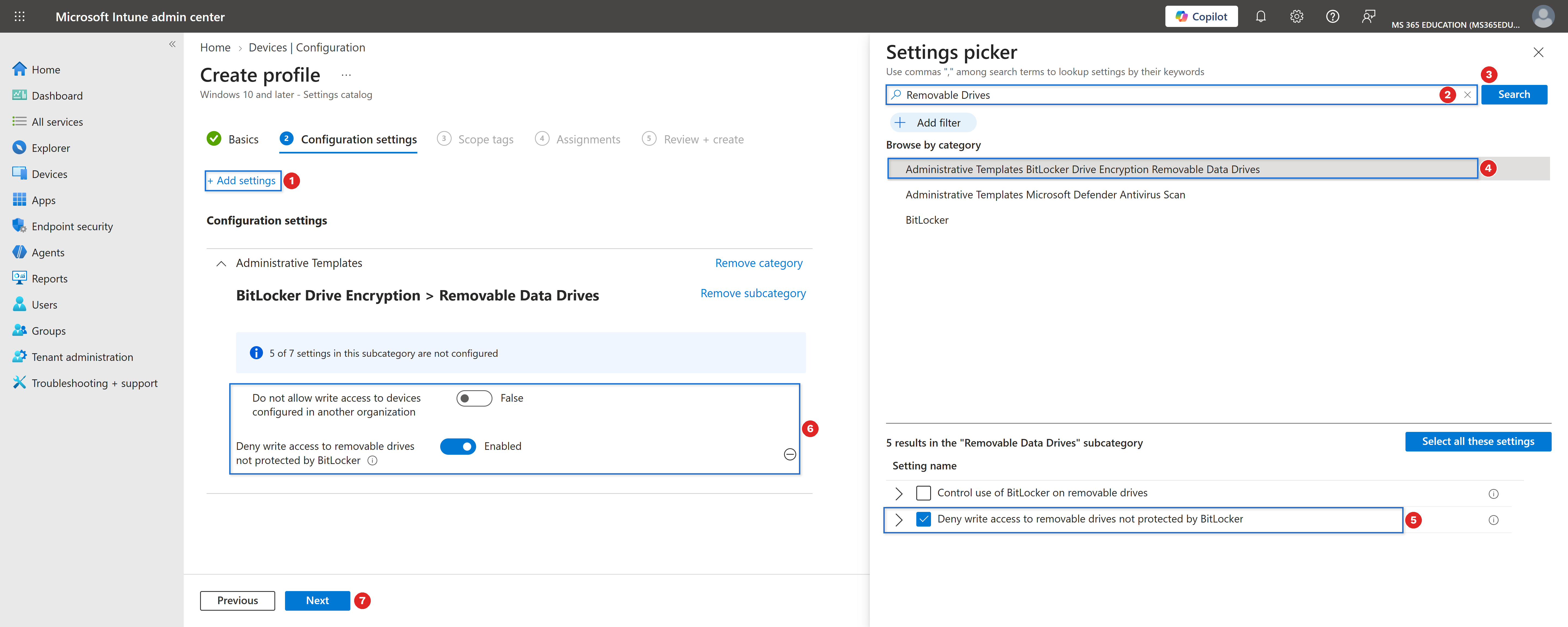 Selecting and enabling the setting with Microsoft Intune
