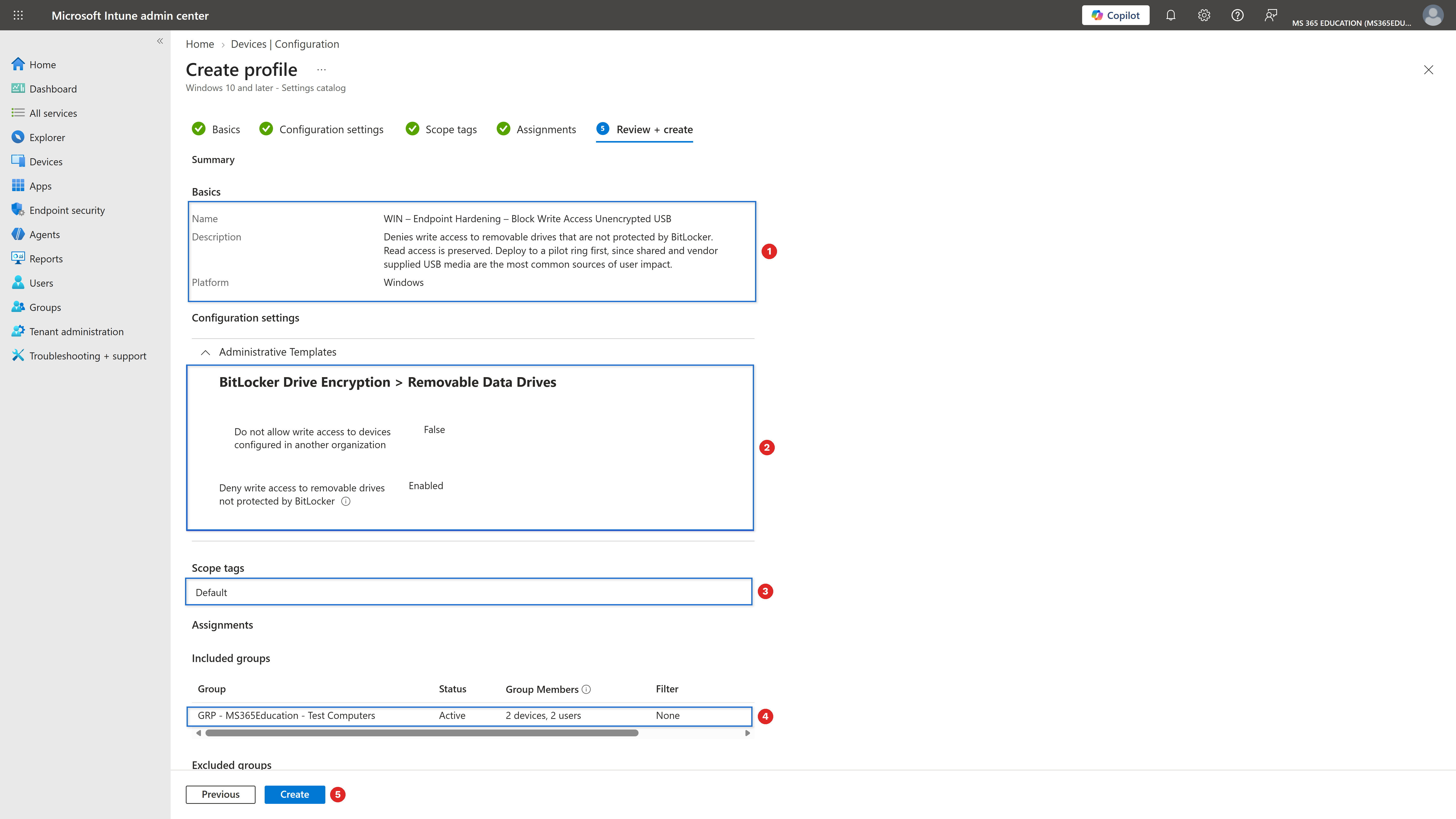 Reviewing and creating the policy with Microsoft Intune