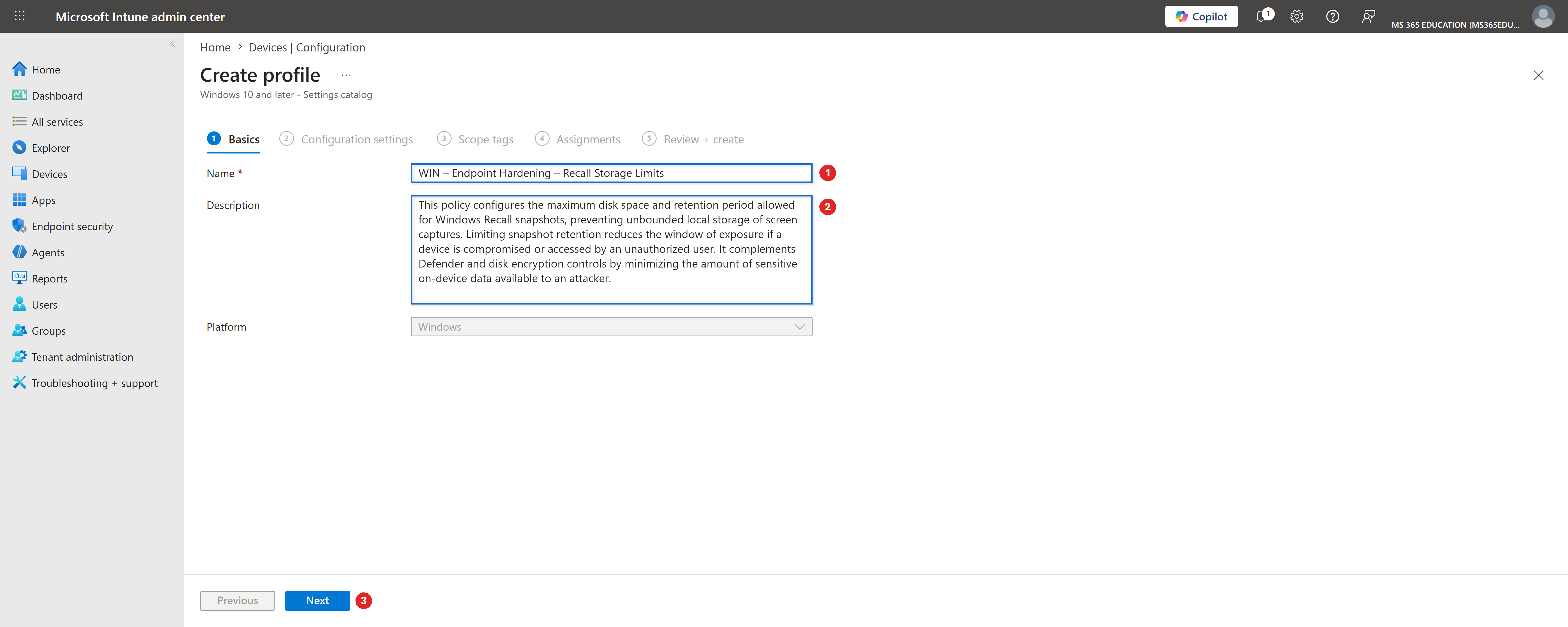 Defining the policy name and description in the Basics tab with Microsoft Intune