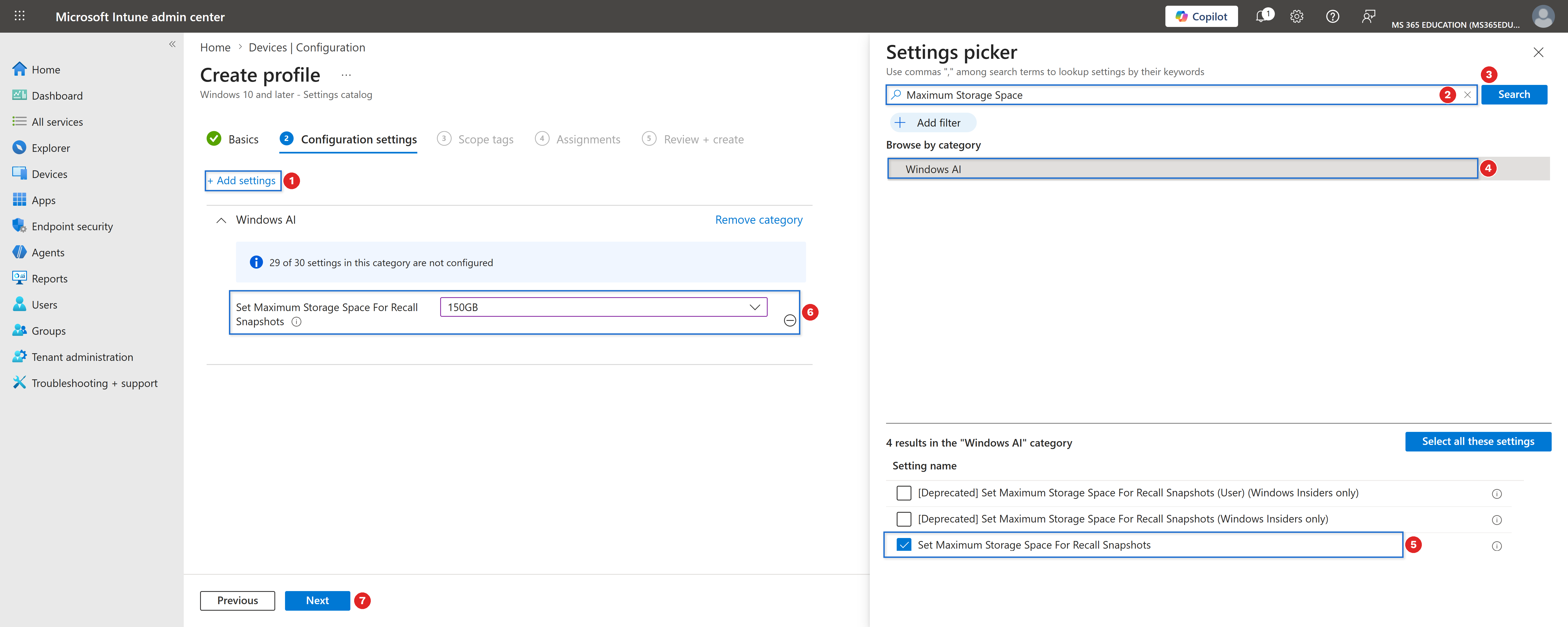 Selecting and enabling the setting with Microsoft Intune