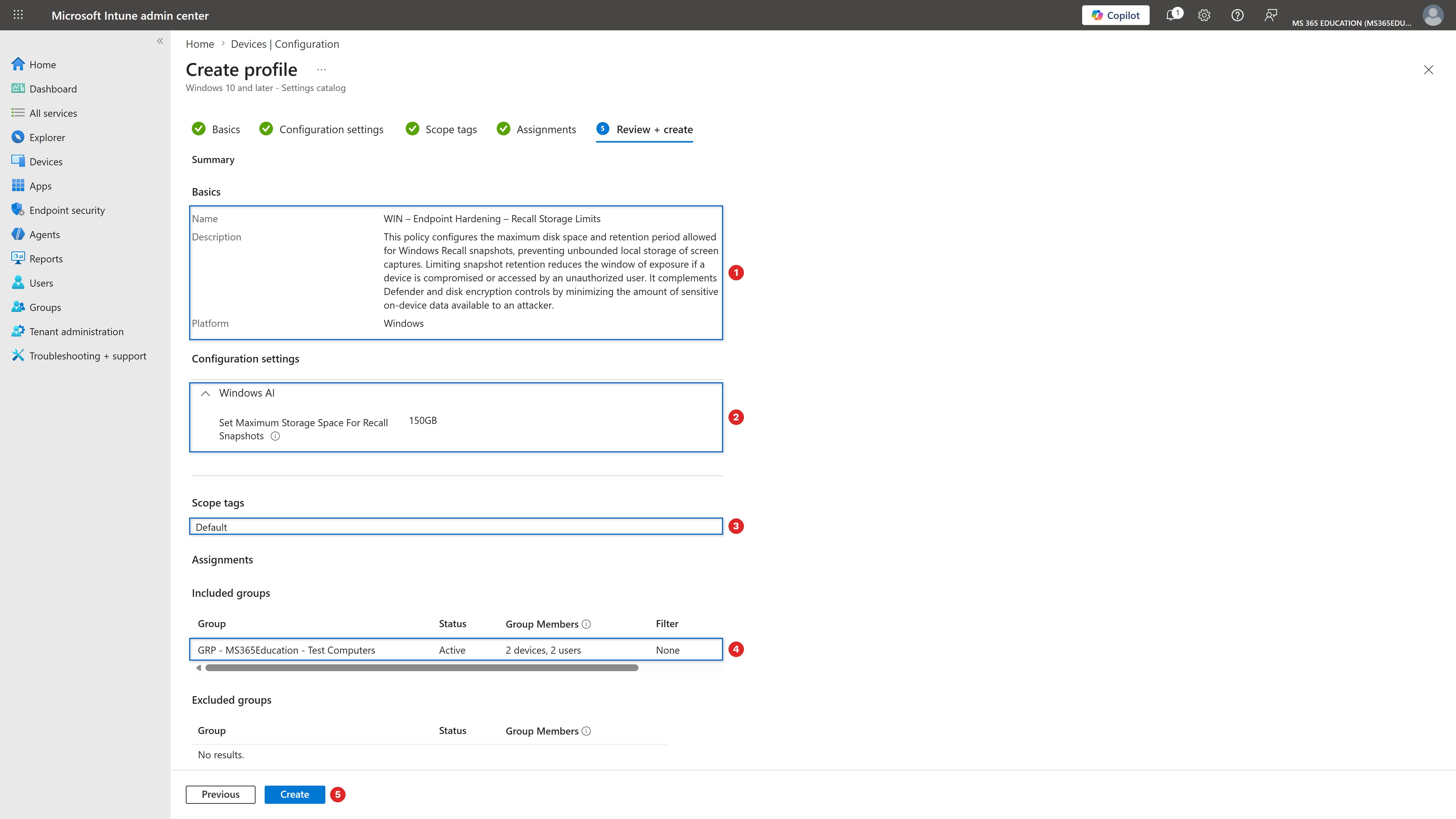 Reviewing and creating the policy with Microsoft Intune