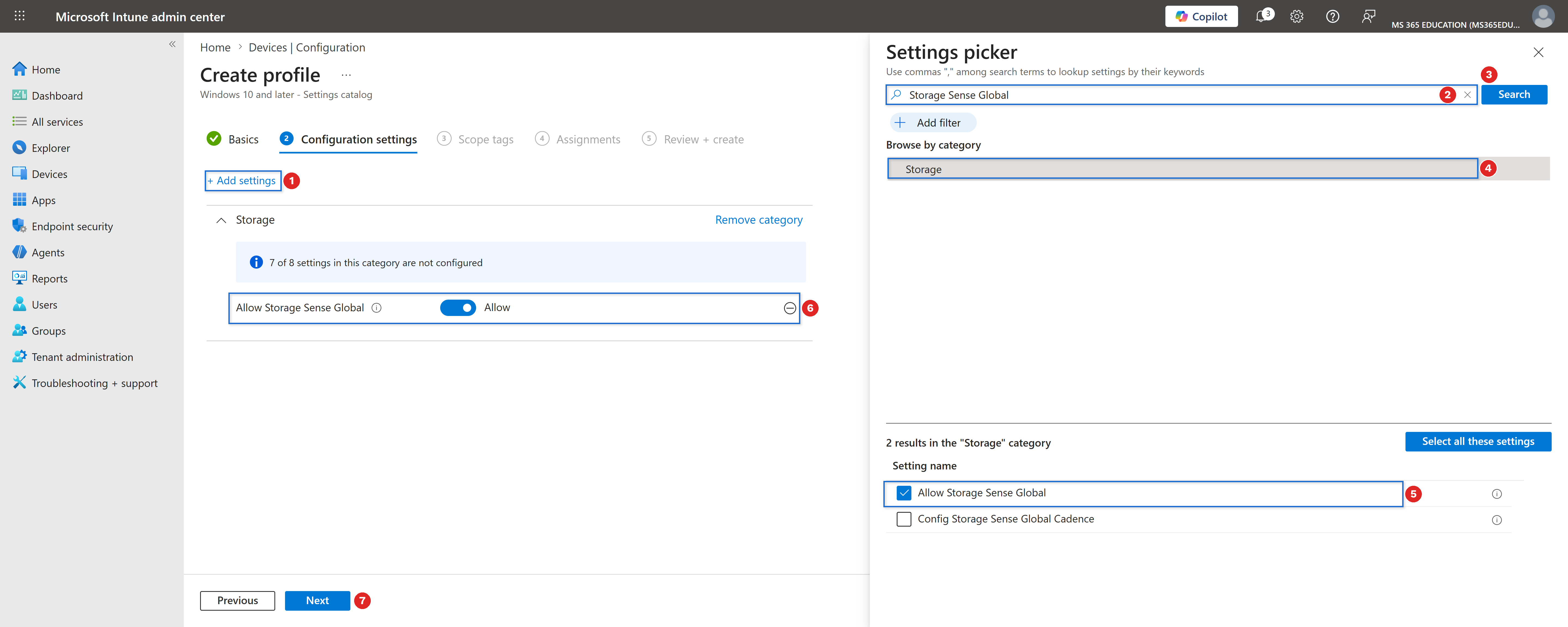 Selecting and enabling the setting with Microsoft Intune