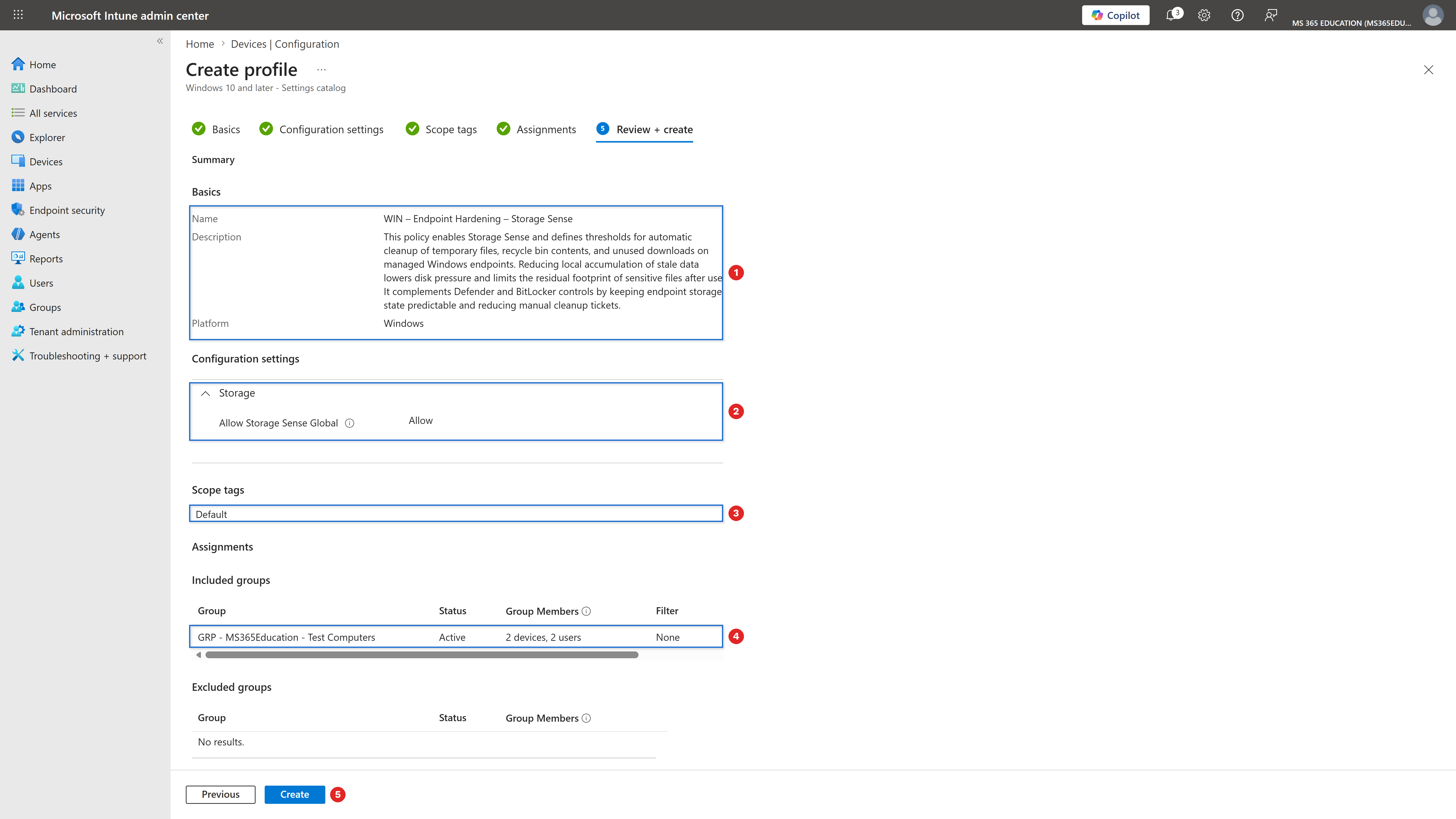 Reviewing and creating the policy with Microsoft Intune
