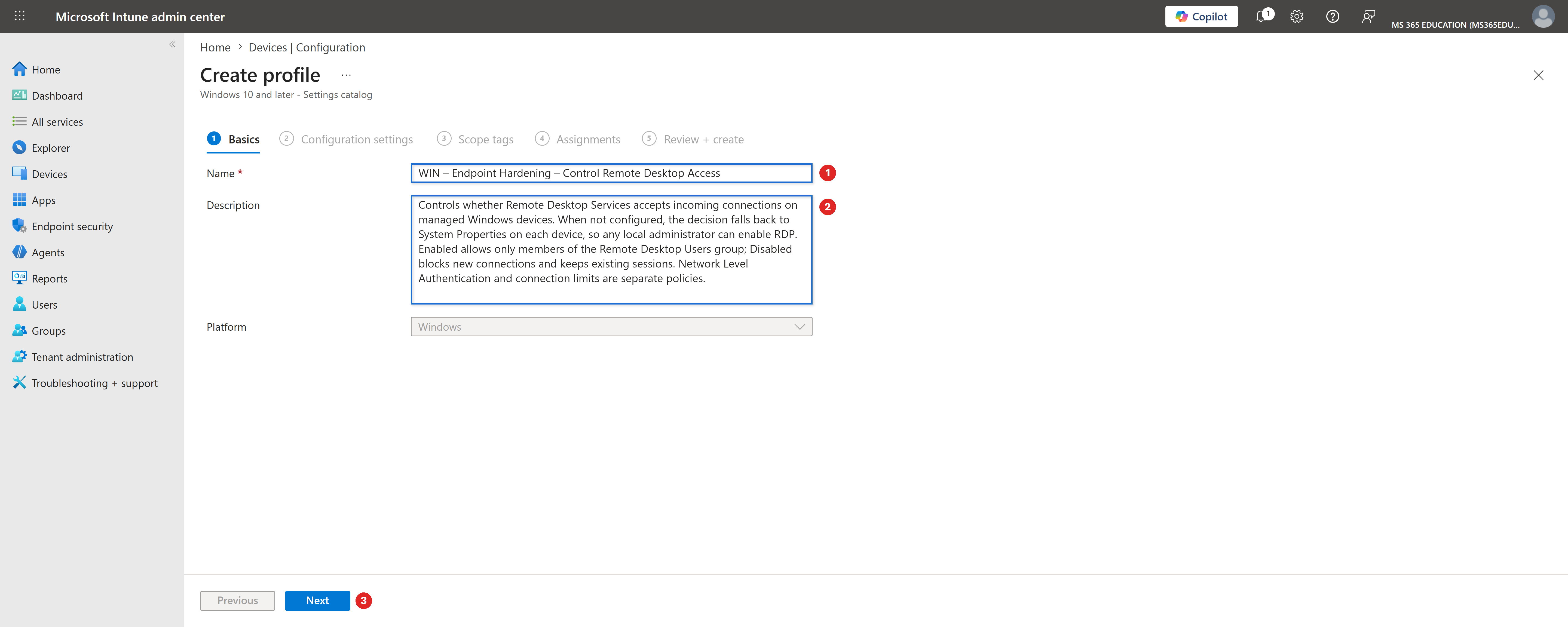 Defining the policy name and description in the Basics tab with Microsoft Intune