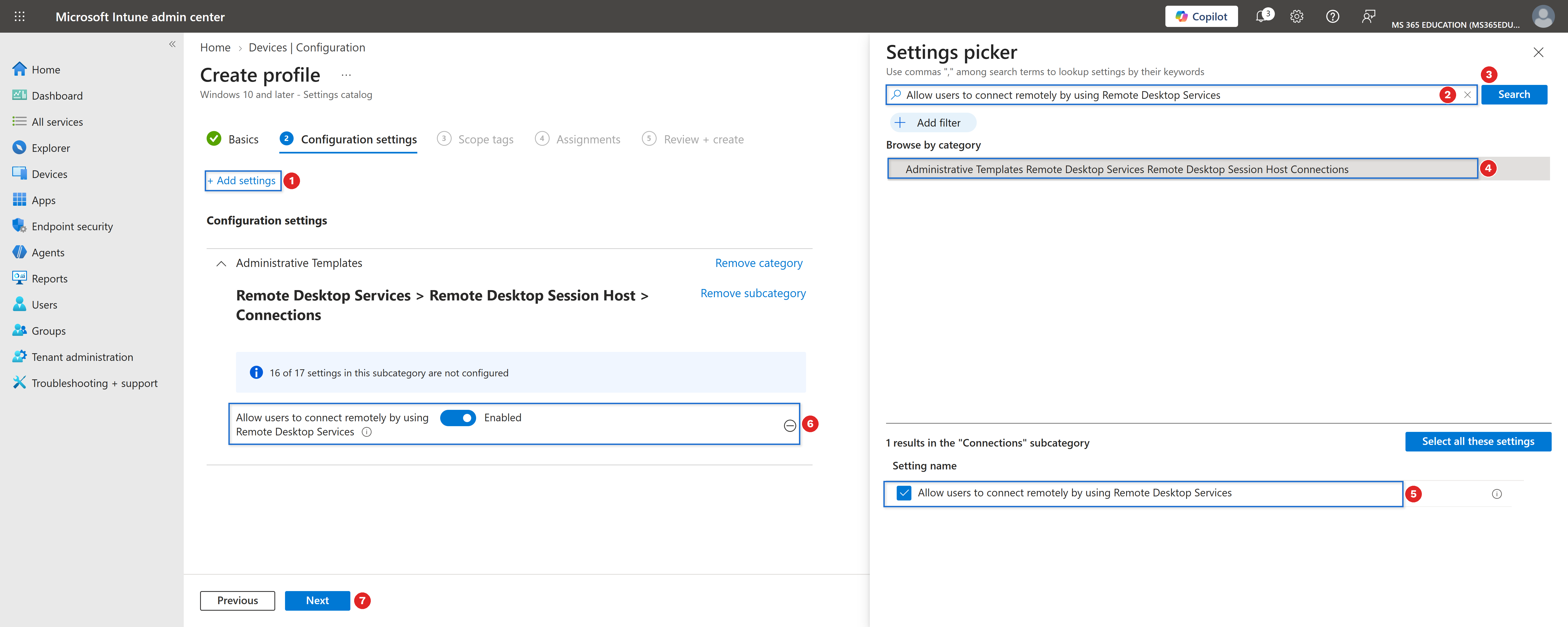 Selecting and enabling the setting with Microsoft Intune
