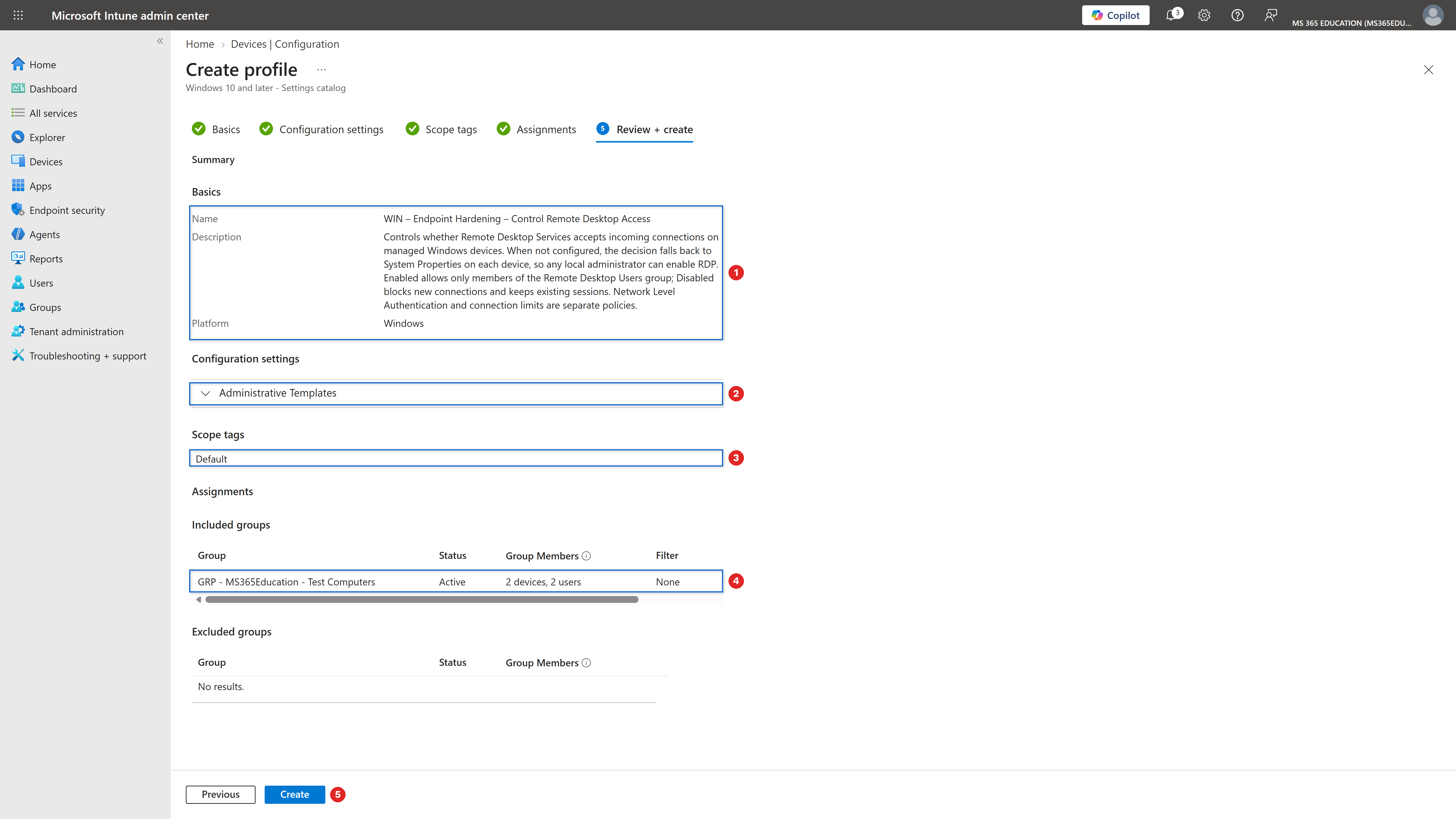 Reviewing and creating the policy with Microsoft Intune