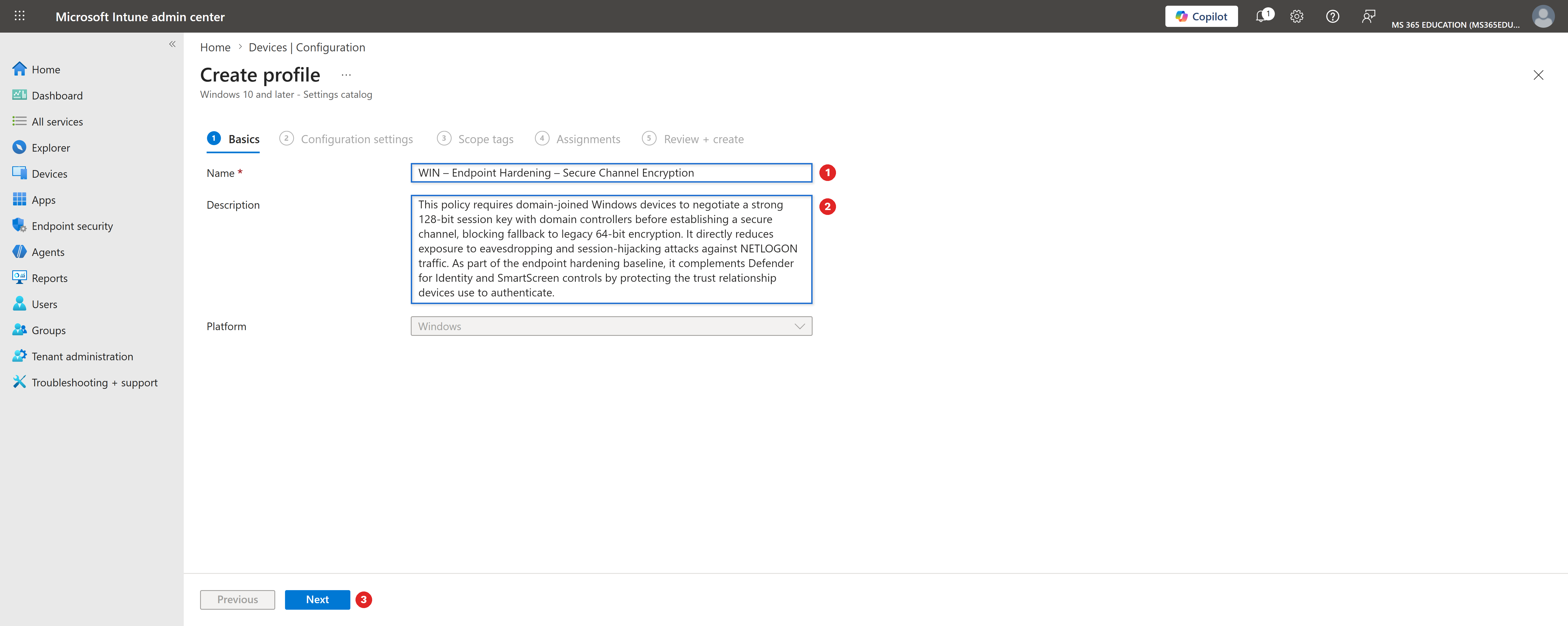 Defining the policy name and description in the Basics tab with Microsoft Intune