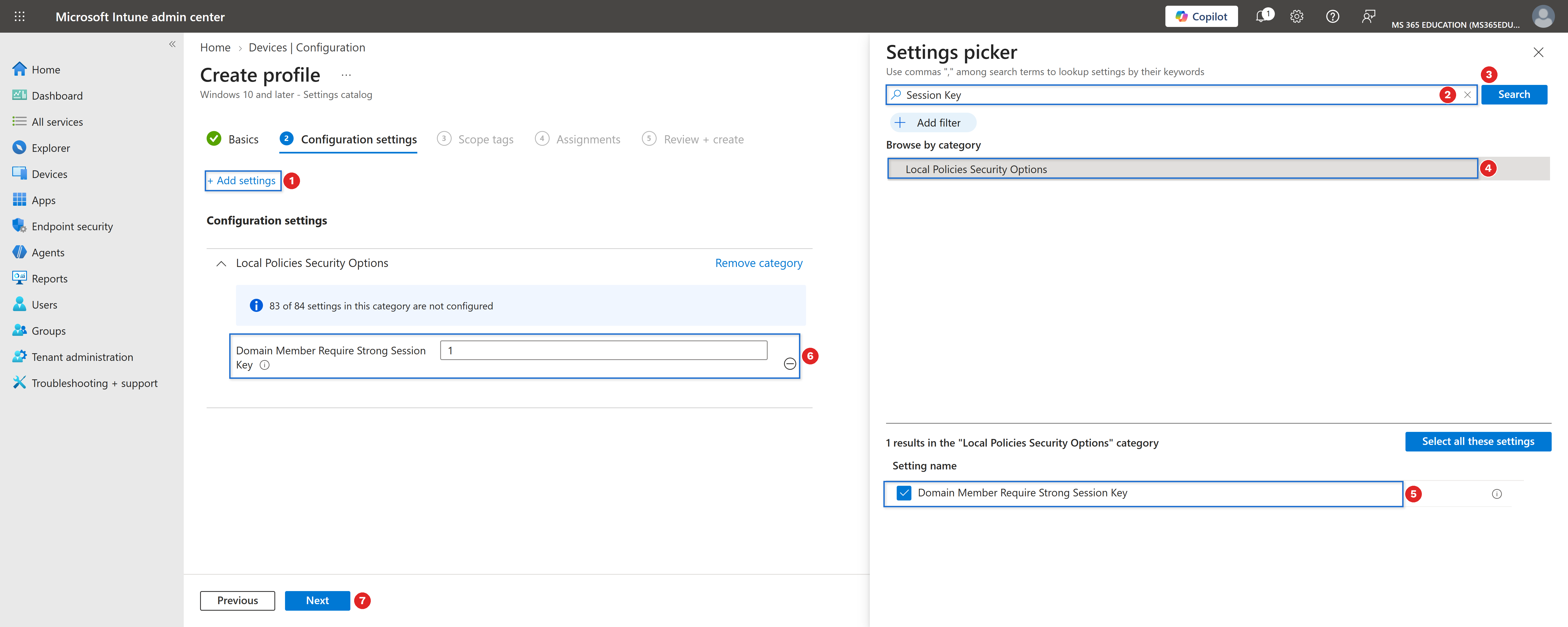 Selecting and enabling the setting with Microsoft Intune