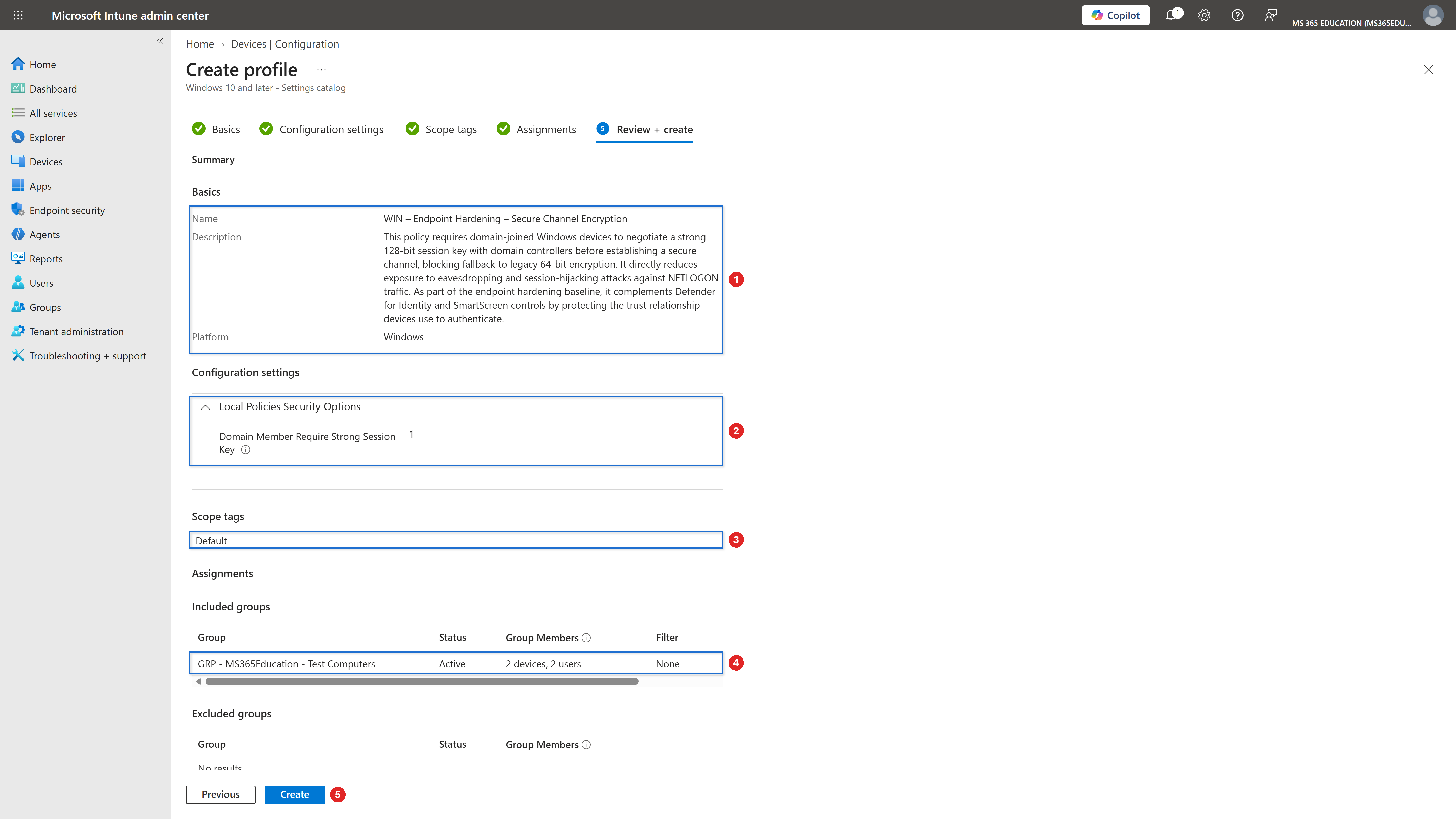 Reviewing and creating the policy with Microsoft Intune