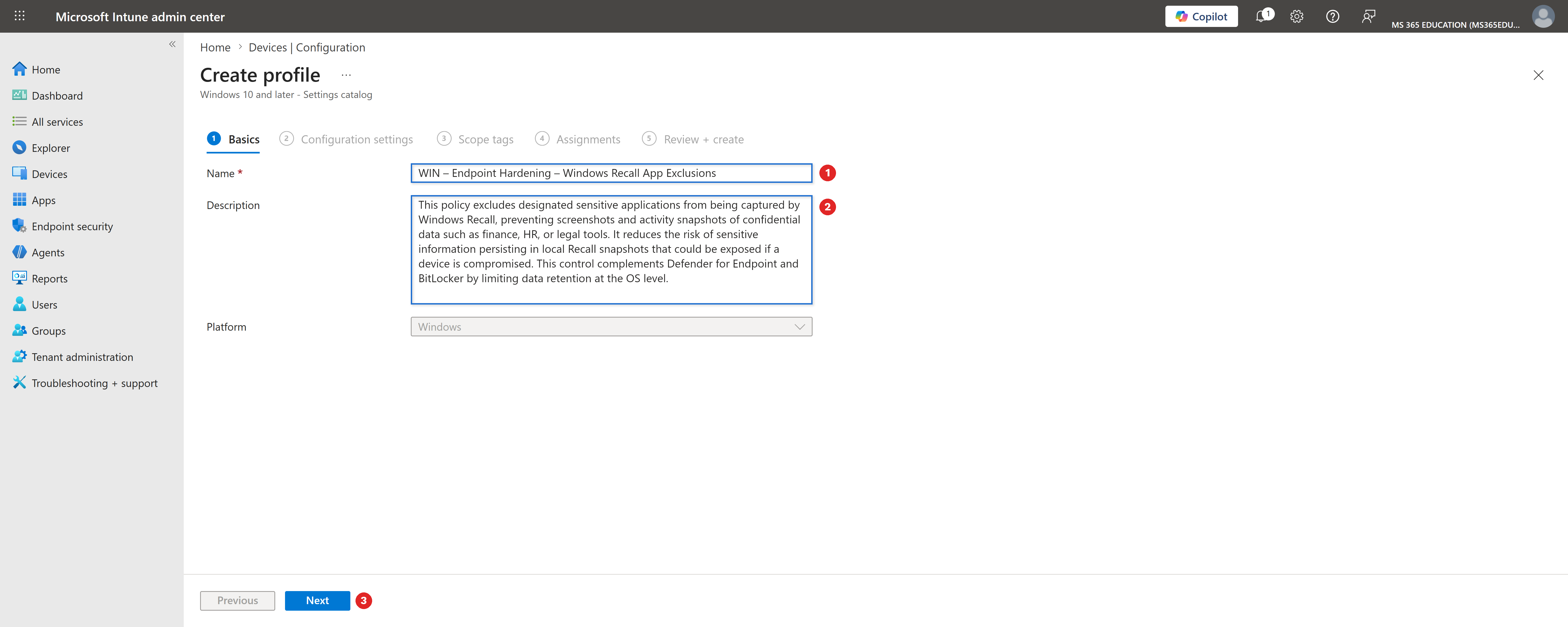 Defining the policy name and description in the Basics tab with Microsoft Intune