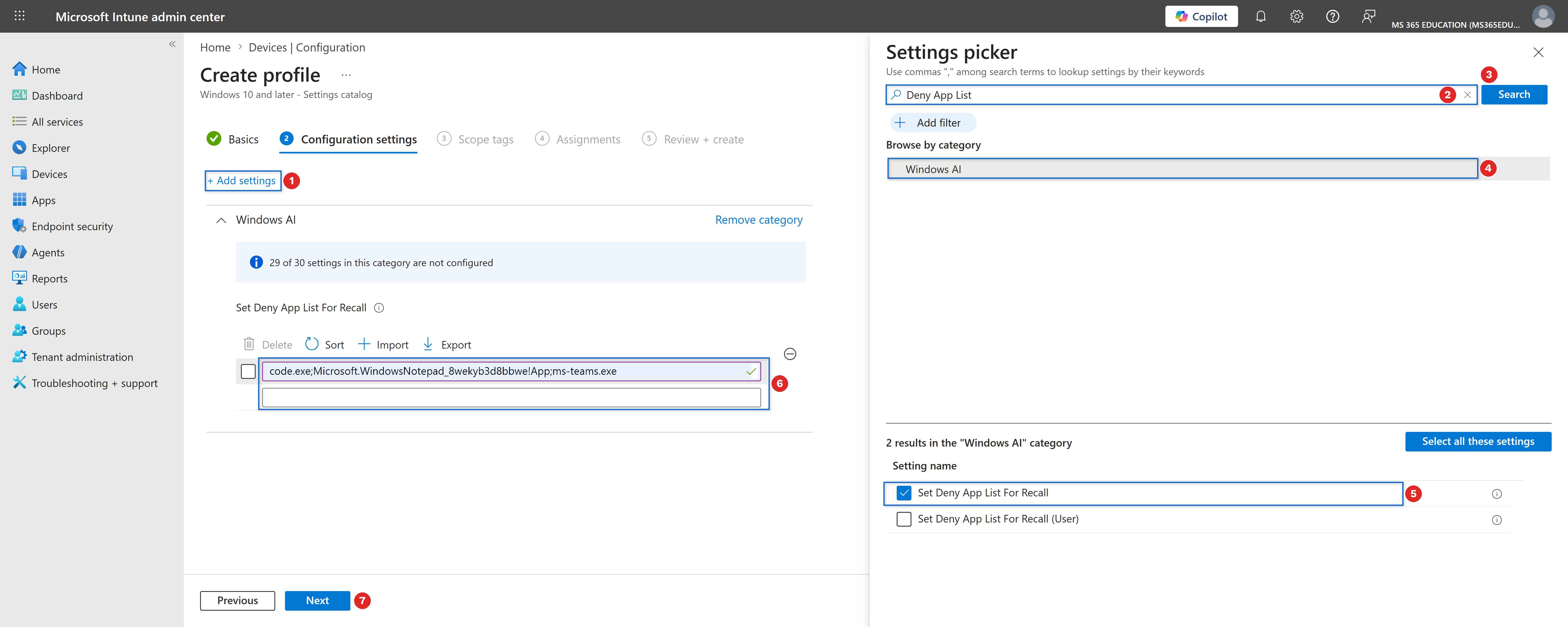 Selecting and enabling the setting with Microsoft Intune