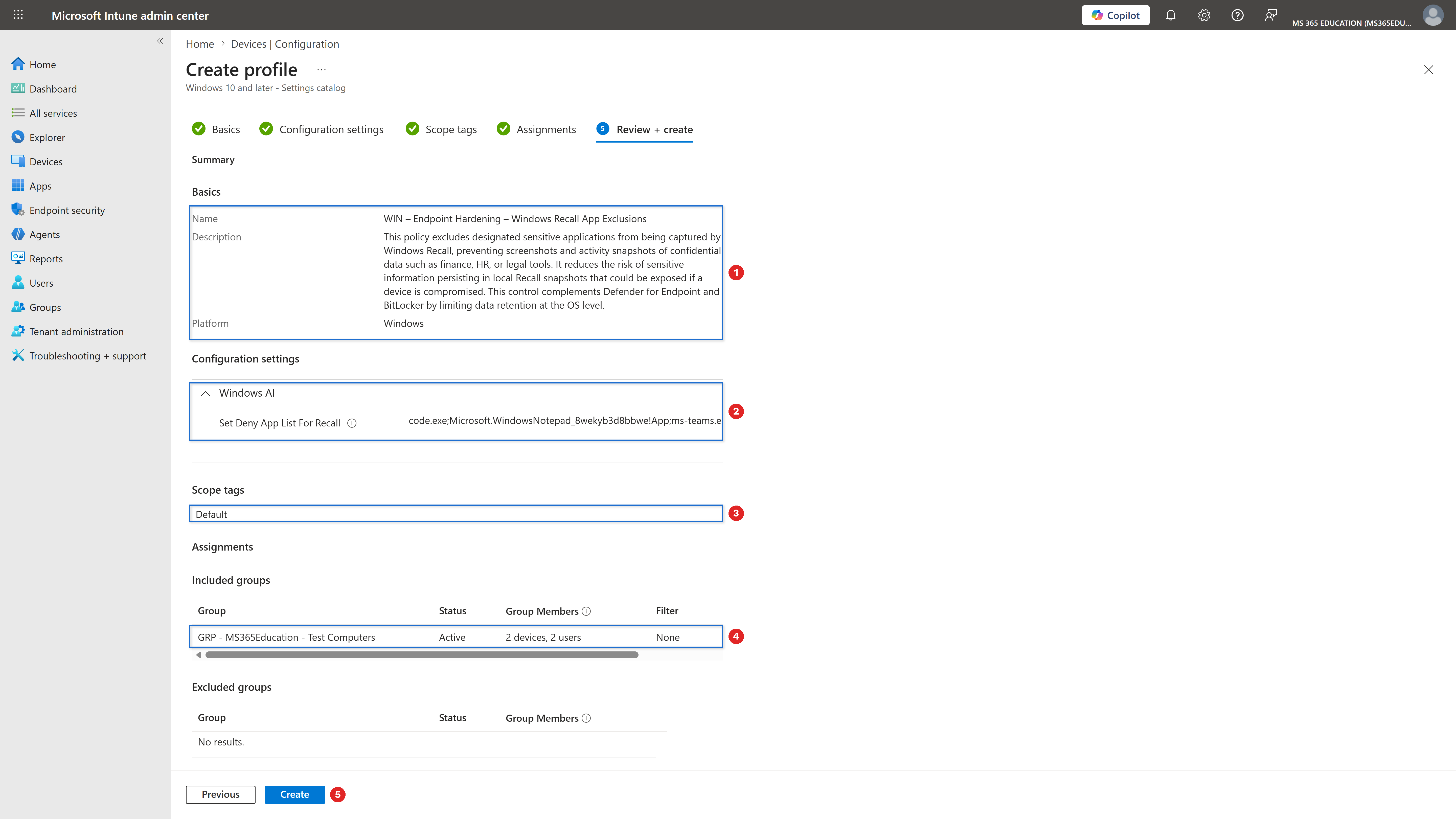 Reviewing and creating the policy with Microsoft Intune