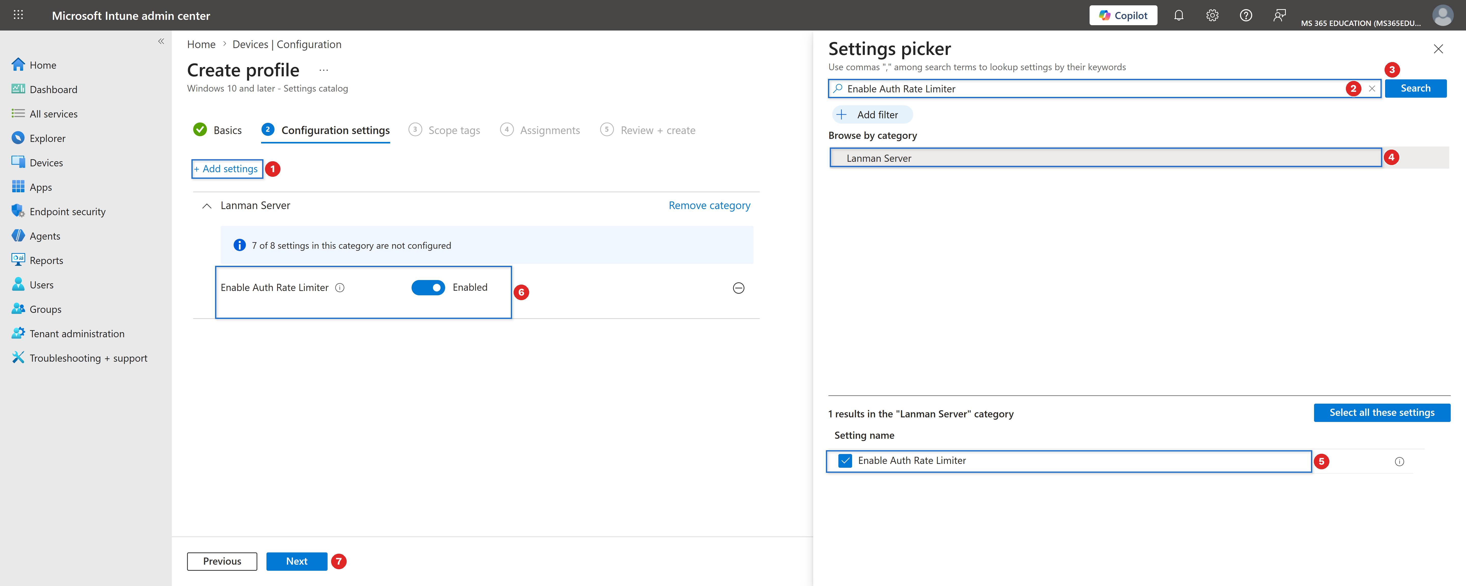 Selecting and enabling the setting with Microsoft Intune