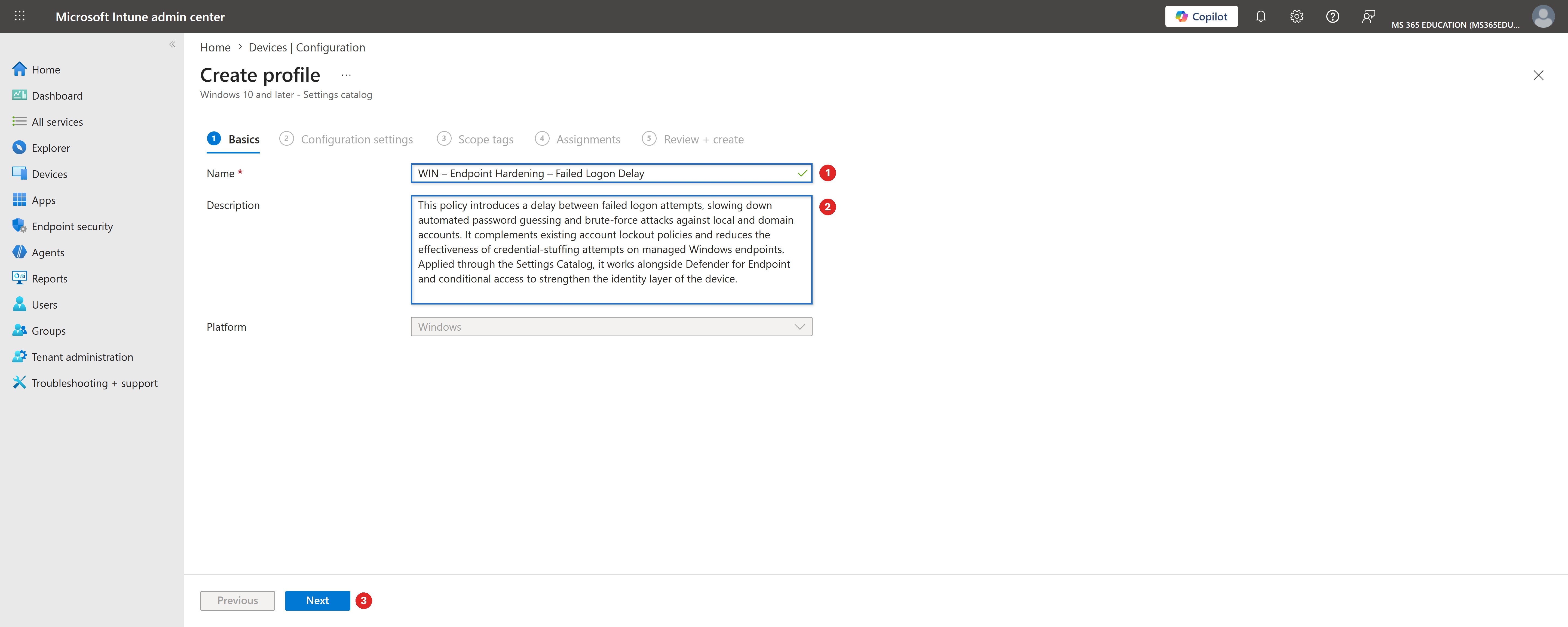 Defining the policy name and description in the Basics tab with Microsoft Intune