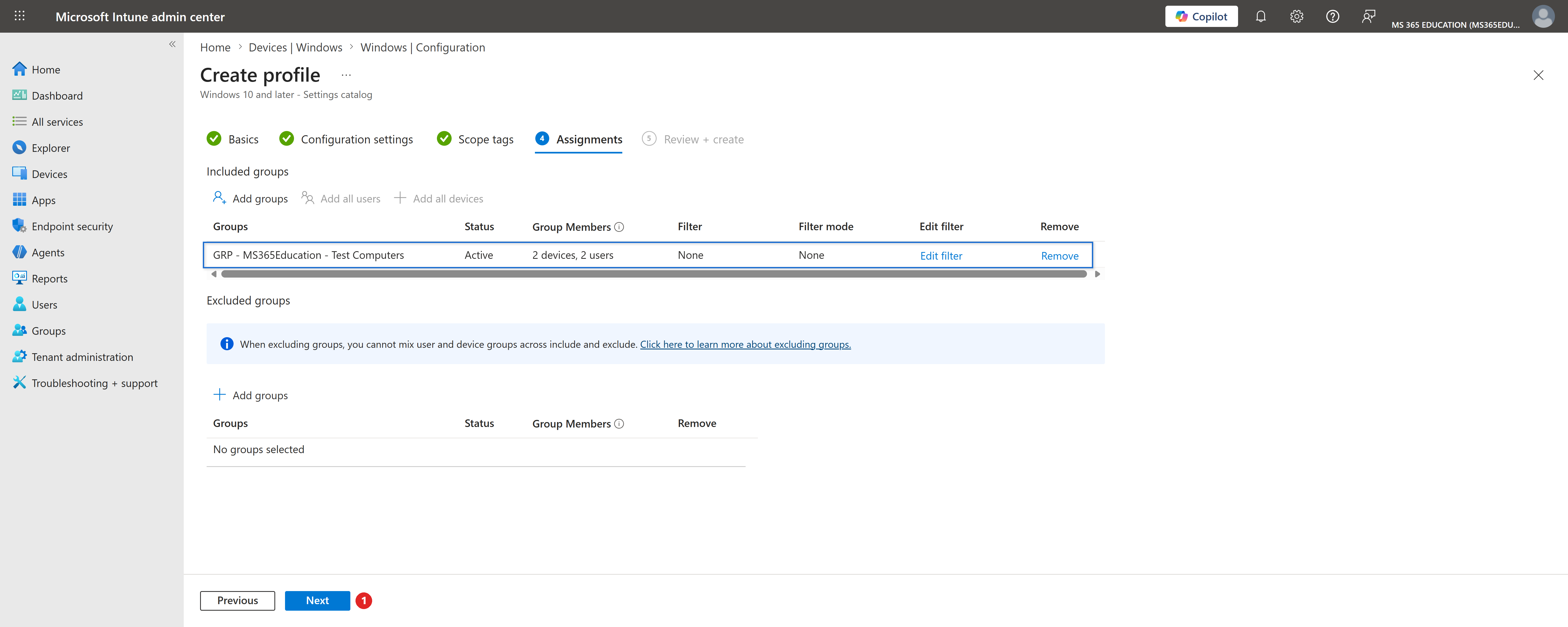 Assigning the policy to the target group with Microsoft Intune