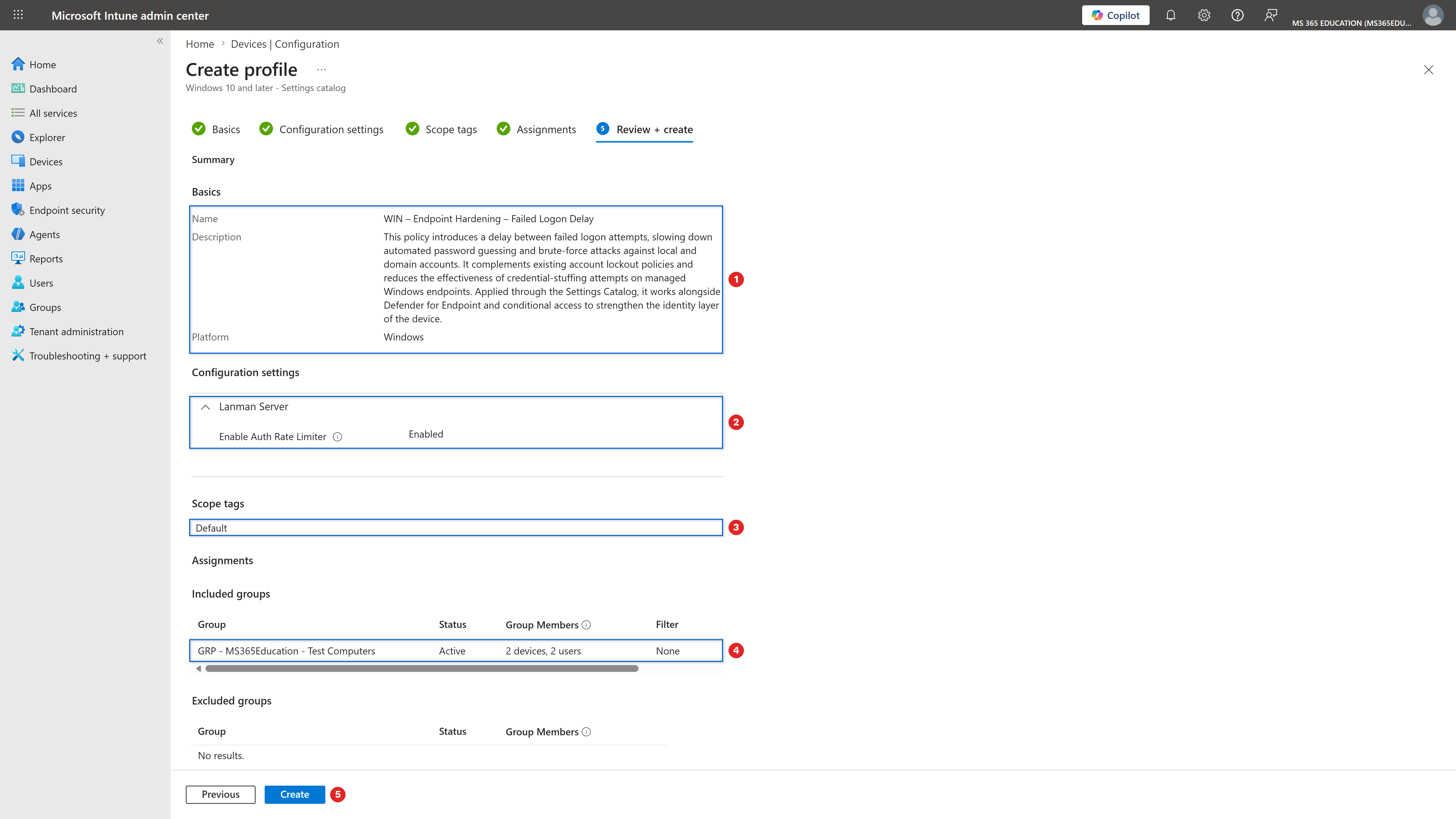 Reviewing and creating the policy with Microsoft Intune