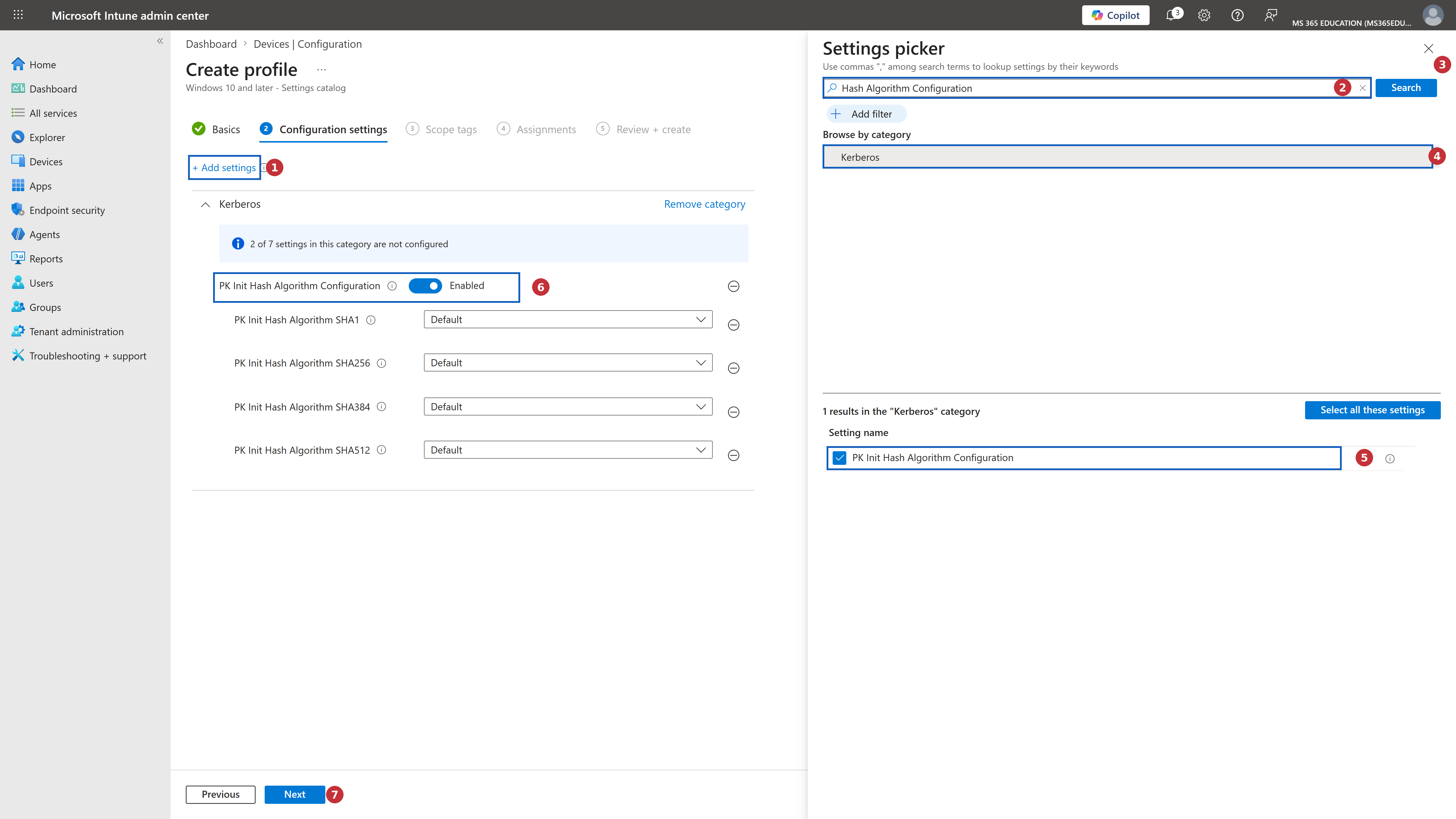 Selecting and enabling the setting with Microsoft Intune