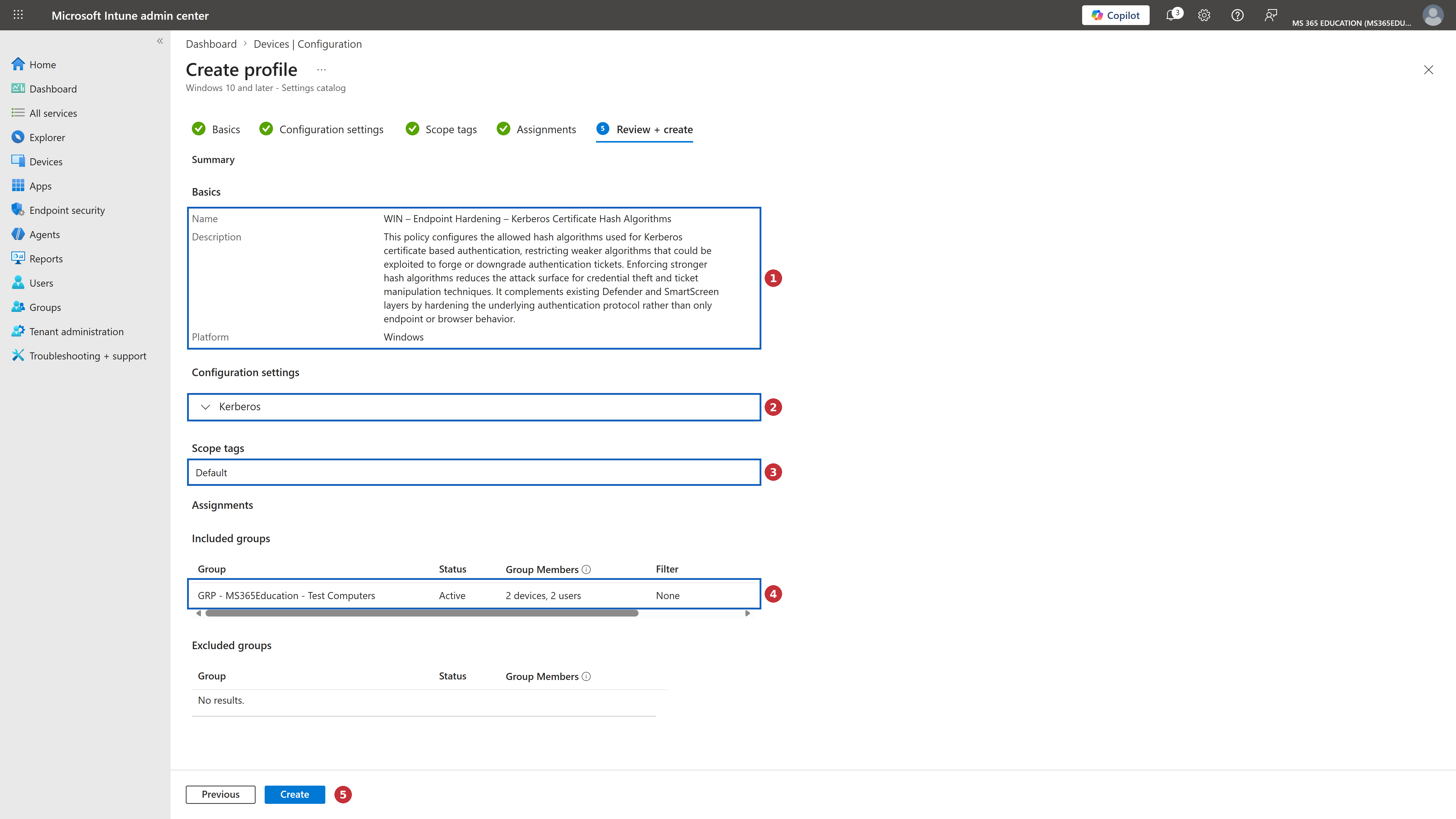 Reviewing and creating the policy with Microsoft Intune
