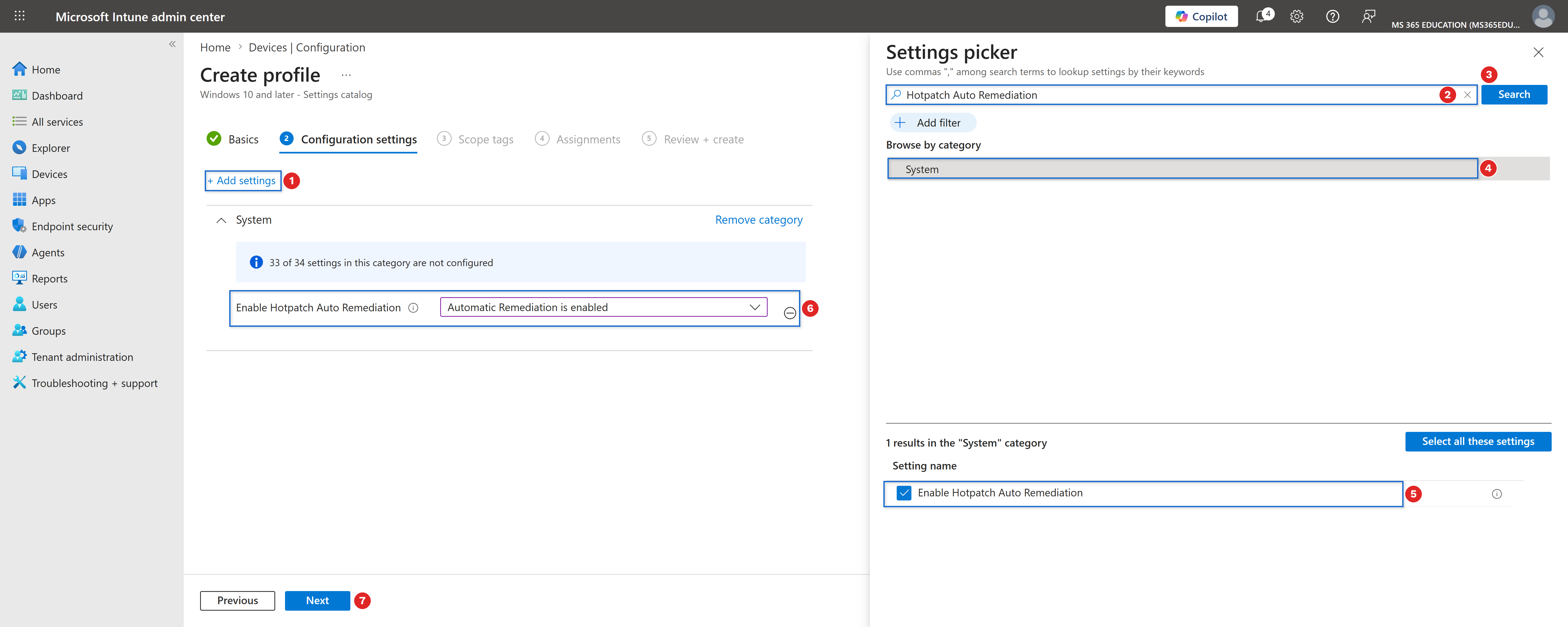 Selecting and enabling the setting with Microsoft Intune