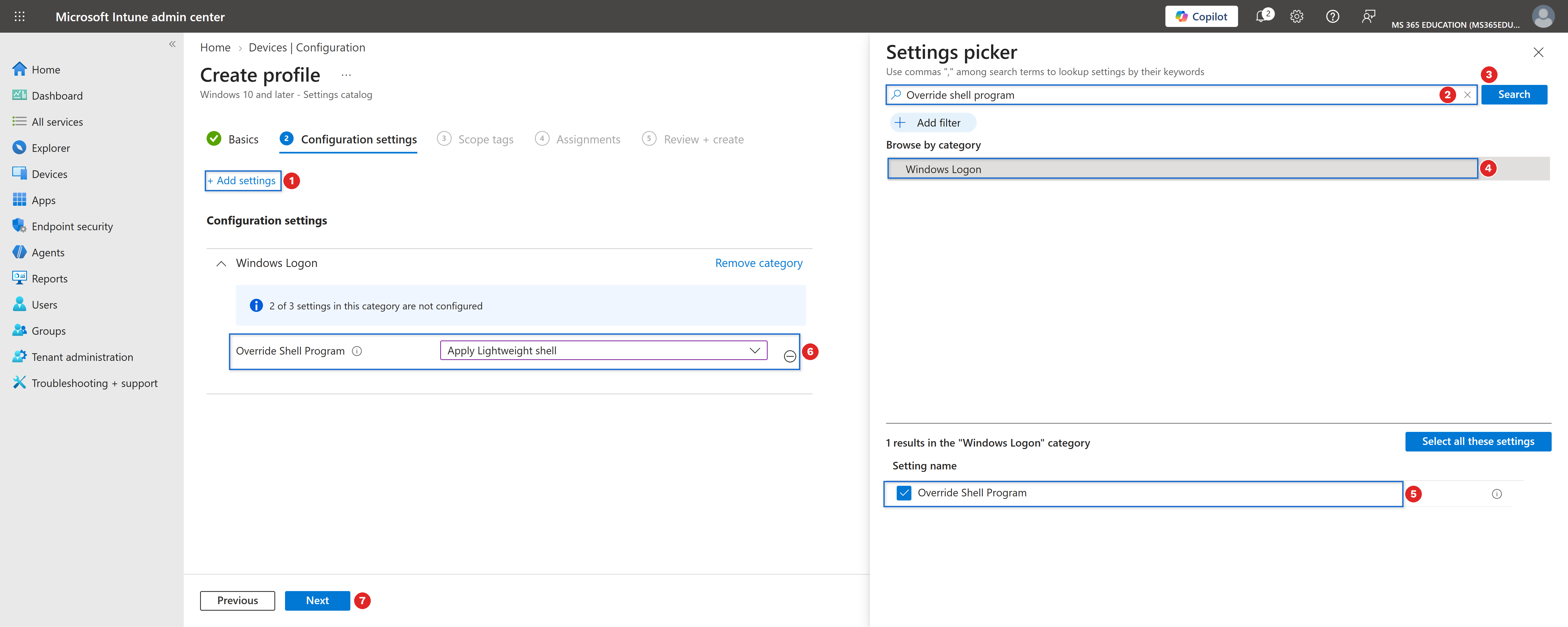 Selecting and enabling the setting with Microsoft Intune