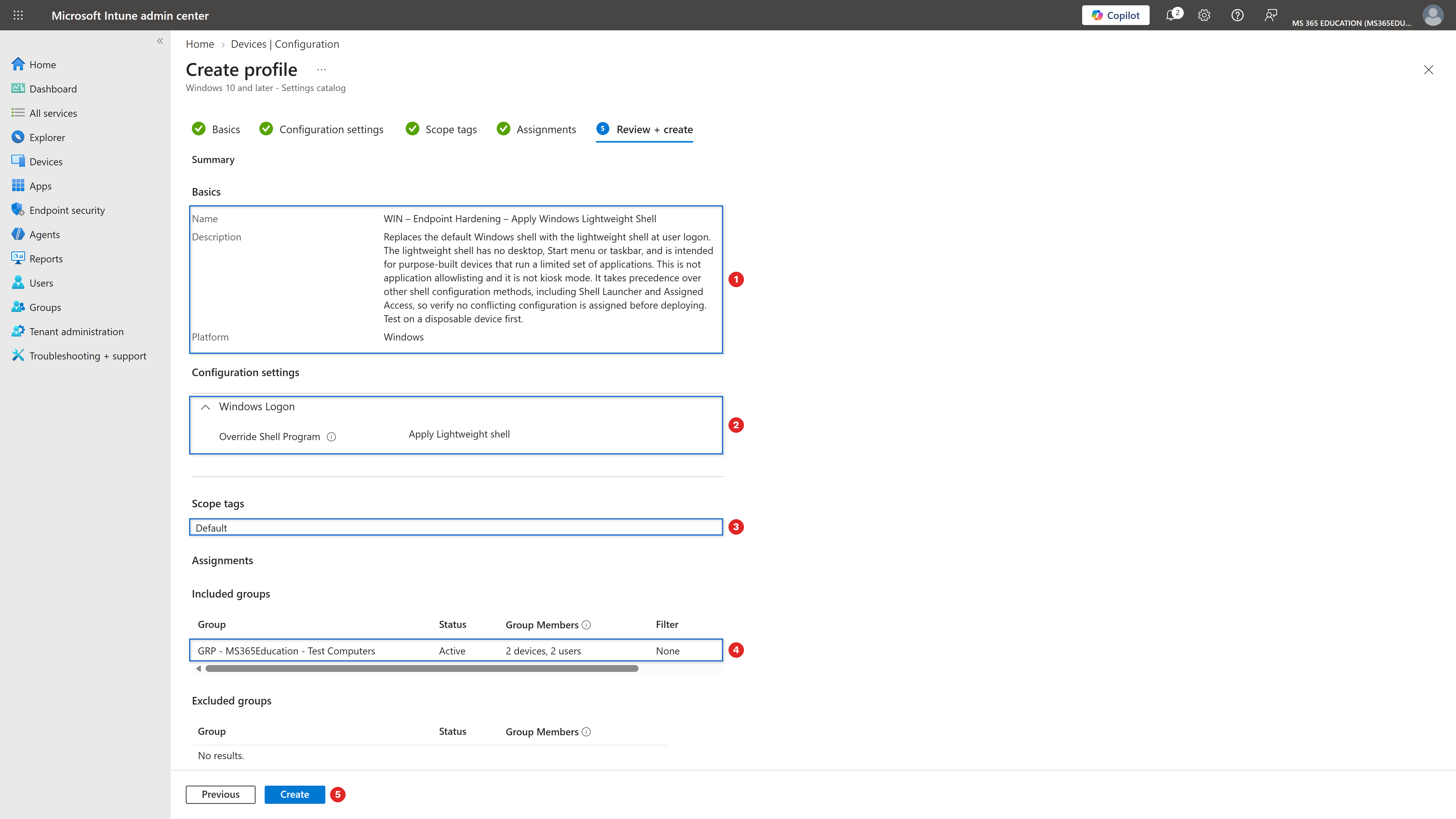 Reviewing and creating the policy with Microsoft Intune