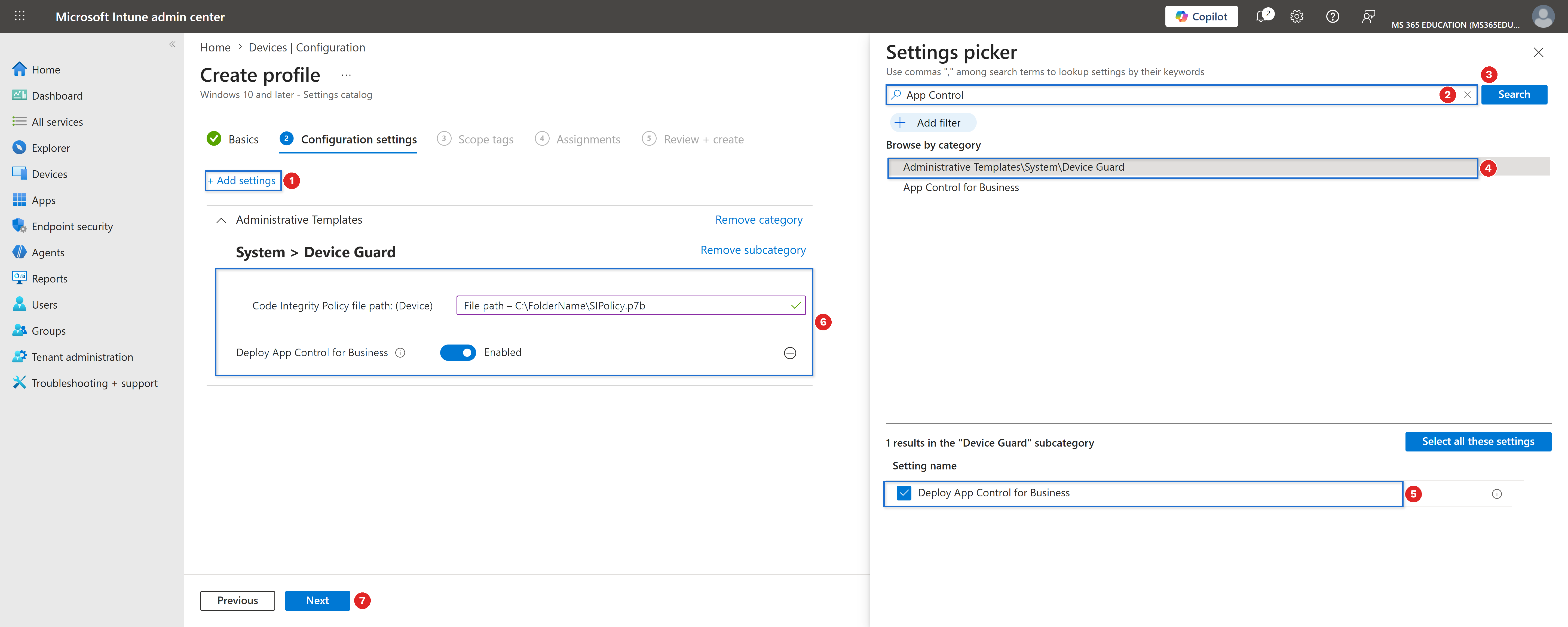 Selecting and enabling the setting with Microsoft Intune