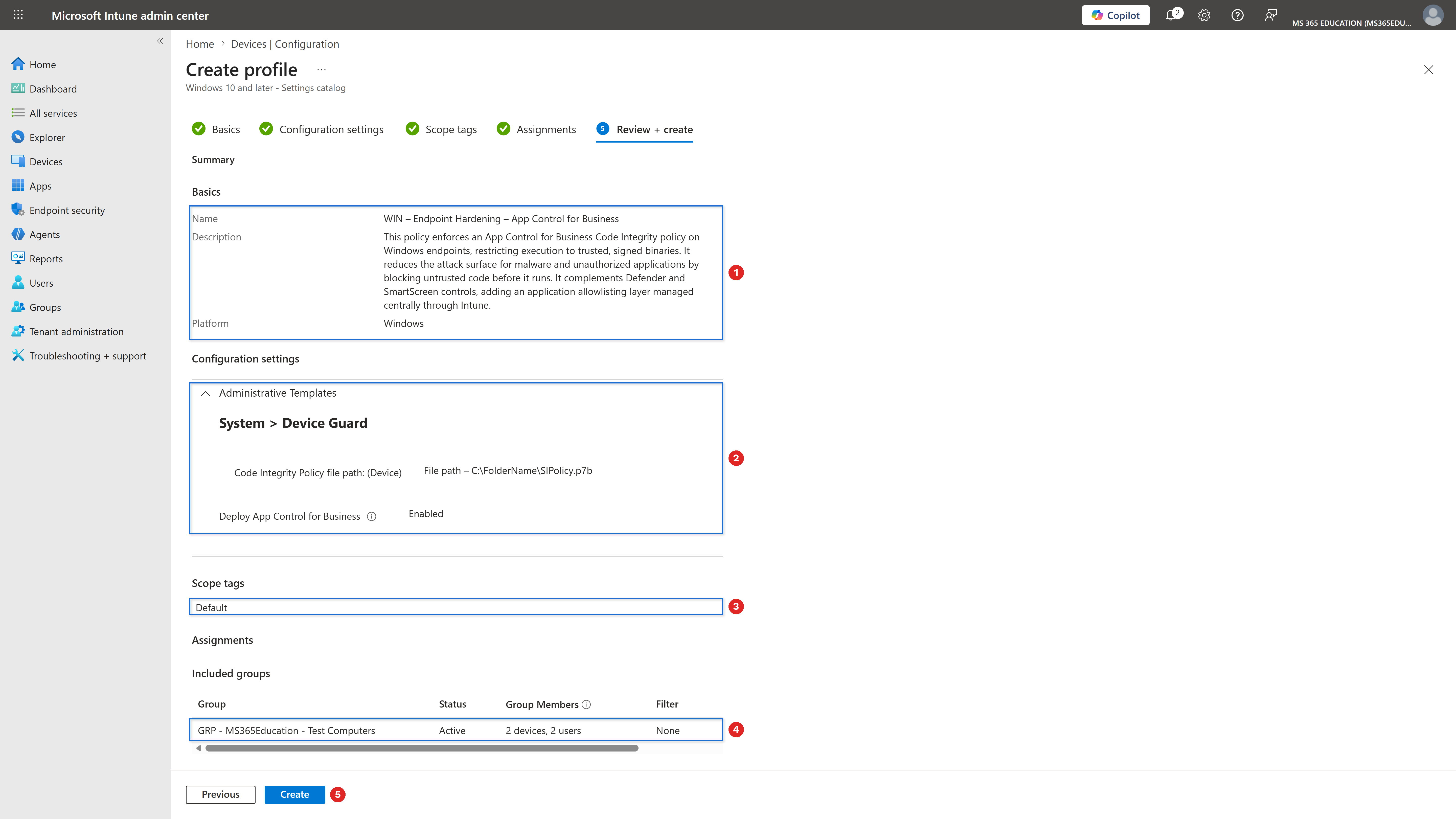 Reviewing and creating the policy with Microsoft Intune