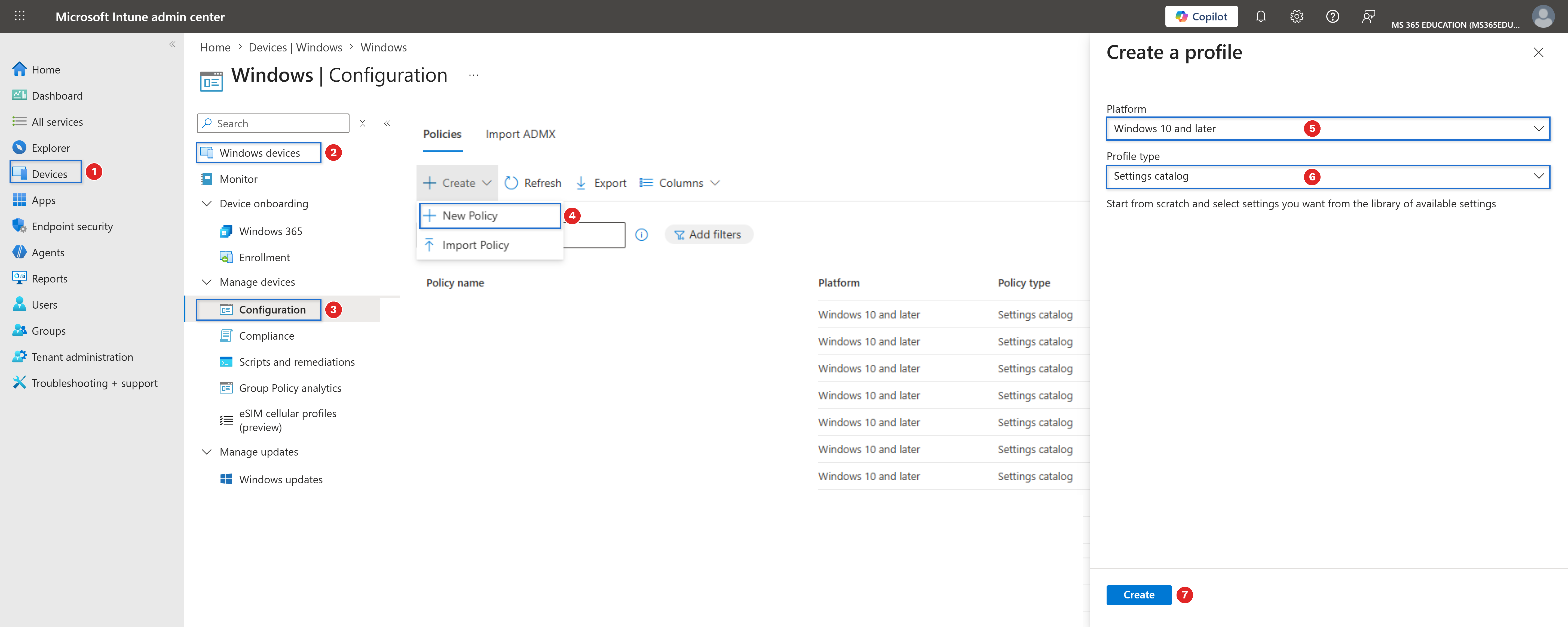 Creating the Settings Catalog configuration profile with Microsoft Intune